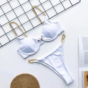 Sexy High Cut Golden Chain Bikini Women Swimwear Underwired Bather Bathing Suit